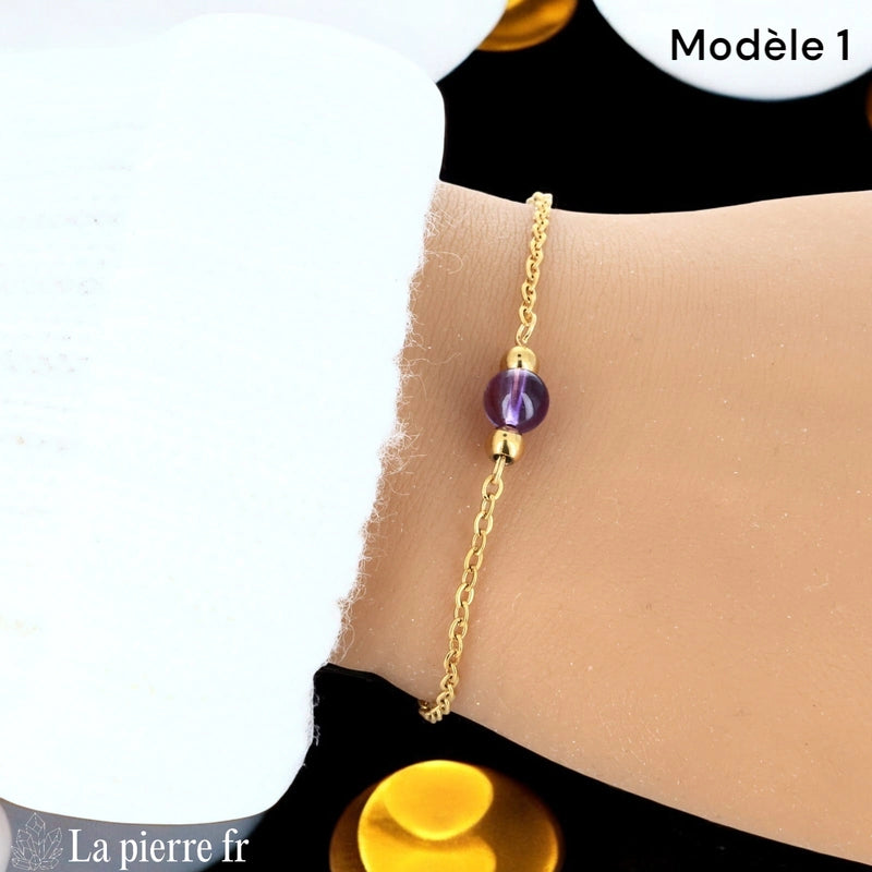 Bracelet améthyste, chaîne dorée acier inoxydable