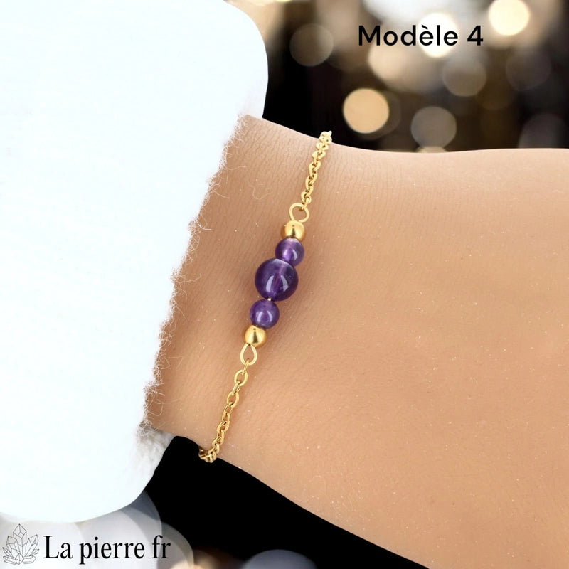 Bracelet améthyste brute, chaine doré