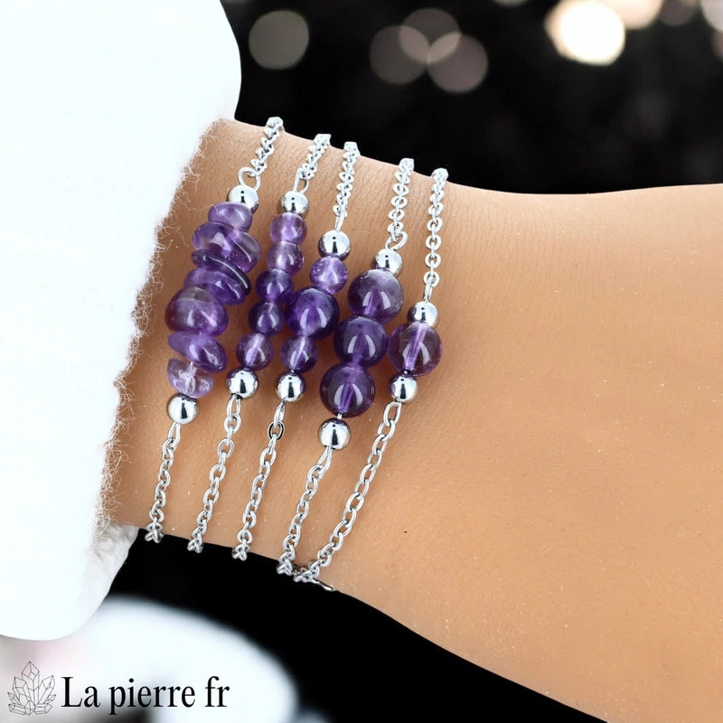 Bracelet améthyste anti-stress, chaîne argentée | La Pierre Fr