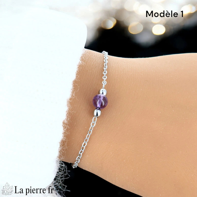 Bracelet améthyste, chaîne acier inoxydable argenté