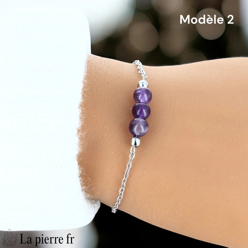 Bracelet femme améthyste, chaîne fine argentée