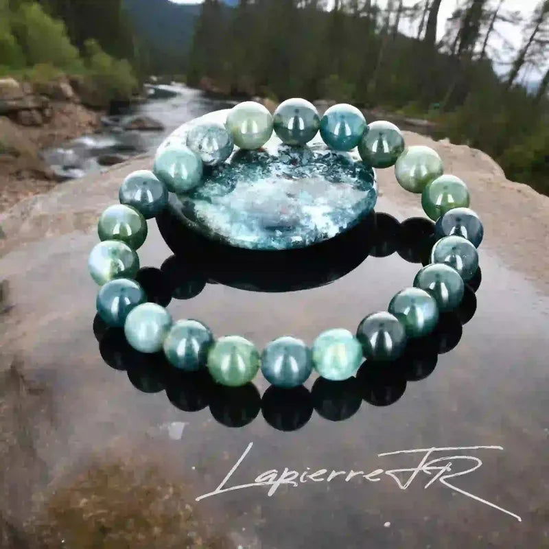 Bracelet Agate Mousse en perle naturelle ronde - La Pierre FR