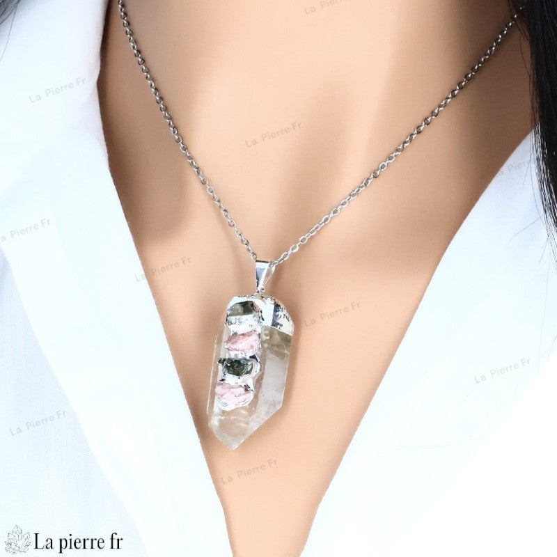 Pendentif Cristal de Roche et Tourmaline Melon - Bijou en Pierre Naturelle