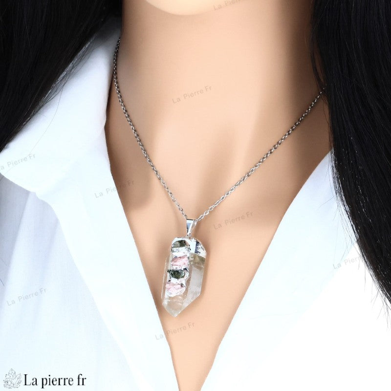 Pendentif Cristal de Roche et Tourmaline Melon - Bijou en Pierre Naturelle