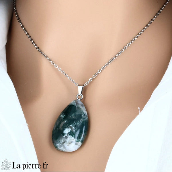 Pendentif goutte en pierre Agate Mousse verte et blanche, bijou de lithothérapie