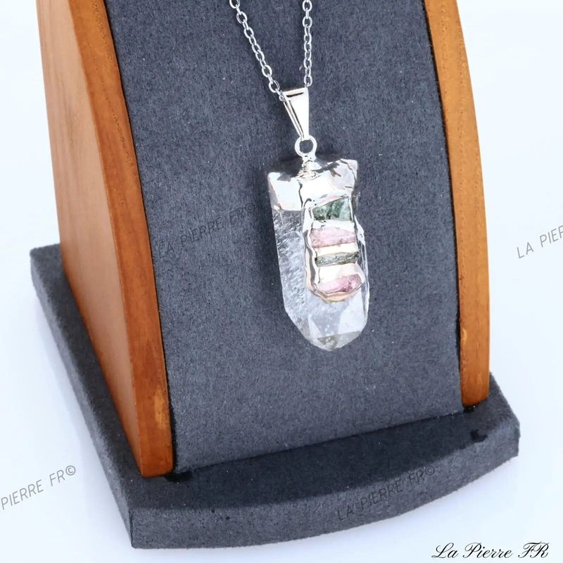 Pendentif Cristal de Roche et Tourmaline melon du Brésil - La Pierre FR