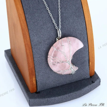 Pendentif Quartz Rose en lune et arbre de vie - La Pierre FR