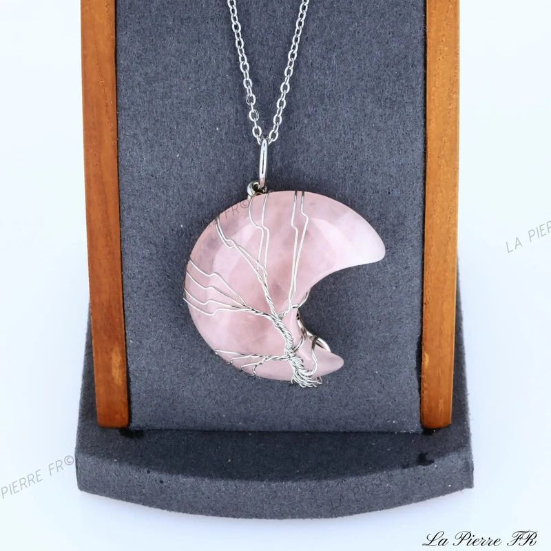 Pendentif Quartz Rose en lune et arbre de vie - La Pierre FR