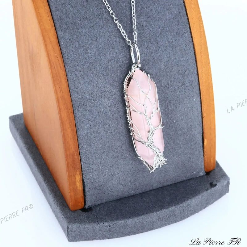 Pendentif pointe Quartz Rose et arbre de vie - La Pierre FR