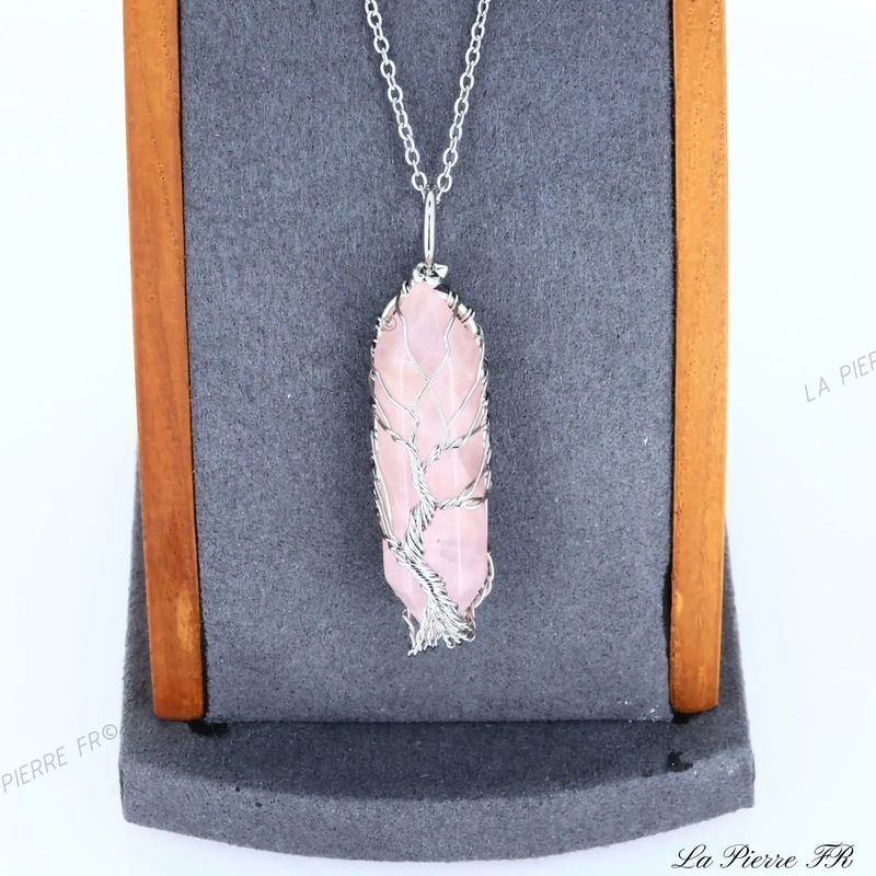 Pendentif pointe Quartz Rose et arbre de vie - La Pierre FR