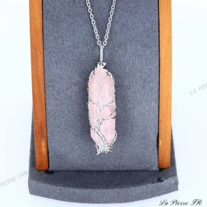 Pendentif pointe Quartz Rose et arbre de vie - La Pierre FR