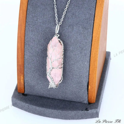 Pendentif pointe Quartz Rose et arbre de vie - La Pierre FR