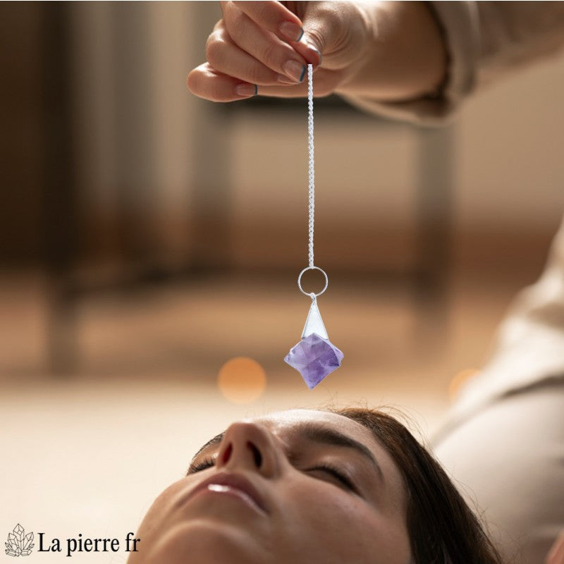 Pendule Merkaba en améthyste 100 % naturel avec chaînette argentée de 16,5 cm, idéal pour la radiesthésie, la méditation et comme pendule divinatoire.