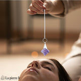 Pendule Merkaba en améthyste 100 % naturel avec chaînette argentée de 16,5 cm, idéal pour la radiesthésie, la méditation et comme pendule divinatoire.