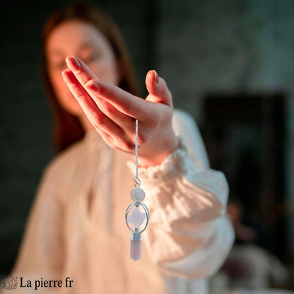 Pendule Merkaba et pointe en quartz rose 100 % naturel avec chaînette argentée de 16,5 cm, idéal pour la radiesthésie, la méditation et comme pendule divinatoire