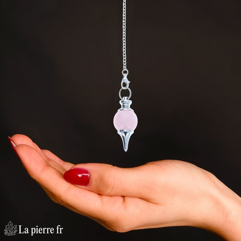 Pendule Séphoroton en quartz rose 100 % naturel avec chaînette argentée de 16,5 cm, idéal pour la radiesthésie, la méditation et comme pendule divinatoire.