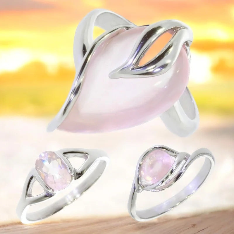 Bague en quartz rose véritable et argent rhodie pour femme - La Pierre Fr