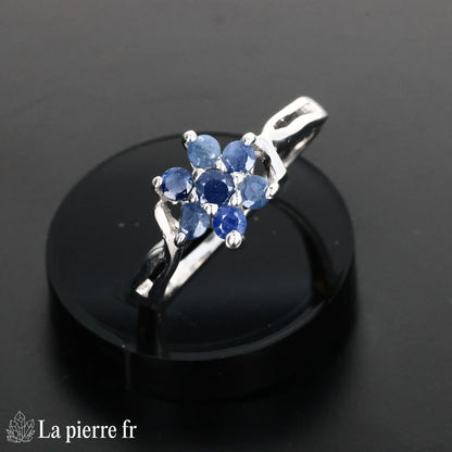 Bague en pierre de Saphir Bleu facettée &quot;Astréale&quot; - Bijoux lithothérapie en argent rhodié pour femme