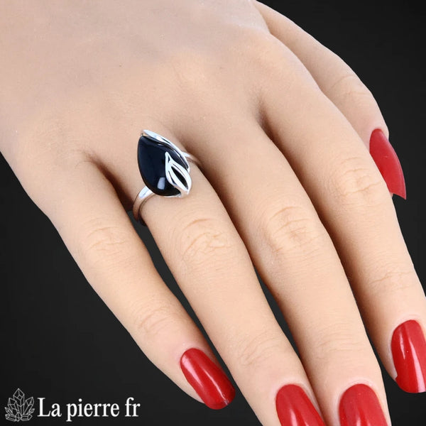 Bague Onyx Noir véritable en argent pour femme - La Pierre Fr