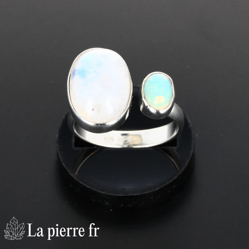 Bague en Pierre de Lune et Opale « Luminae » - Bijoux lithothérapie en argent rhodié pour femme