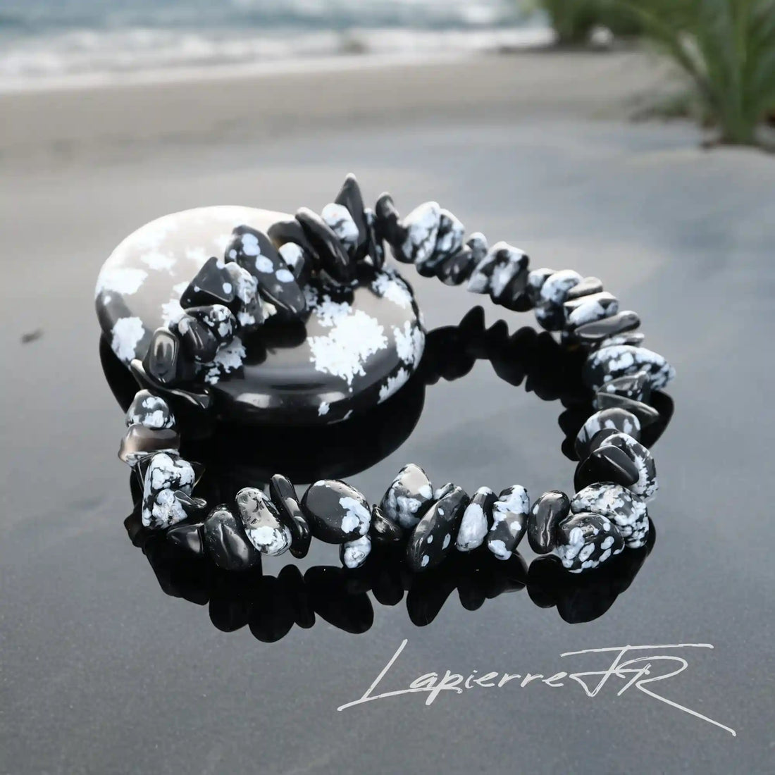 Bracelet lithothérapie en pierre naturelle obsidienne flocon de neige, ajustable et protecteur