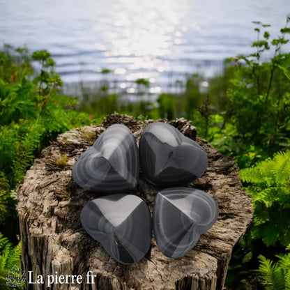 Cœur en Obsidienne Œil Céleste taillé à la main, pierre naturelle noire avec des reflets multicolores en arc-en-ciel, idéal pour la méditation et la lithothérapie.