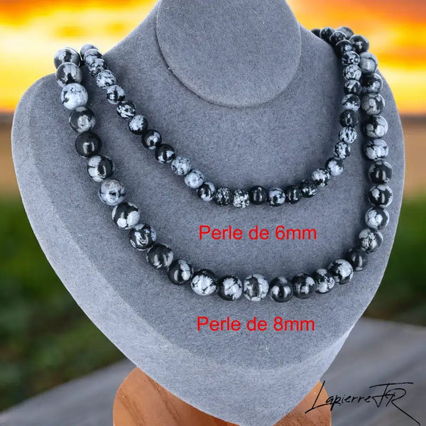 Collier ras de cou en obsidienne neige, perles naturelles et polies