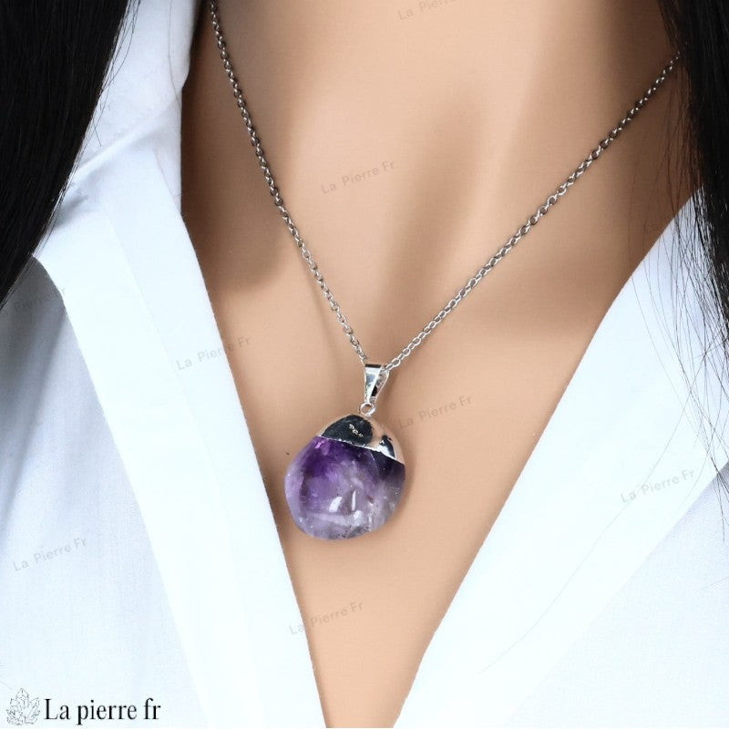 Pendentif en Améthyste avec chaine argentée, Bijou de lithothérapie. La Pierre Fr