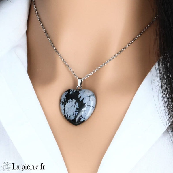 Pendentif cœur en Obsidienne Flocon de Neige, pierre naturelle, lithothérapie.