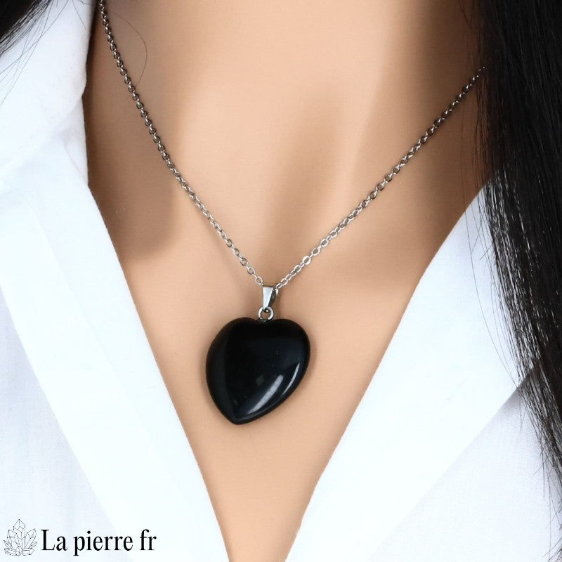 Pendentif cœur en Obsidienne Noire, pierre naturelle de protection, lithothérapie.