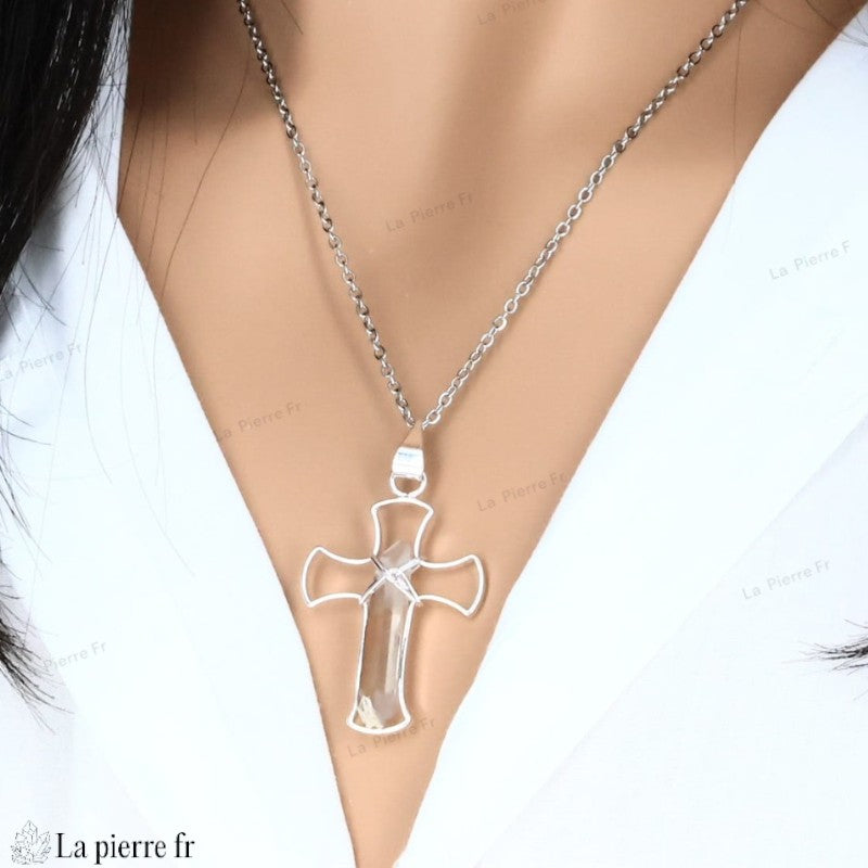 Pendentif Croix et pointe en Cristal de Roche