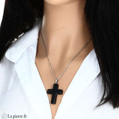 Pendentif Croix en pierre Obsidienne Noire