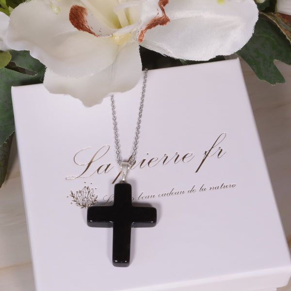 Pendentif Croix en pierre Obsidienne Noire