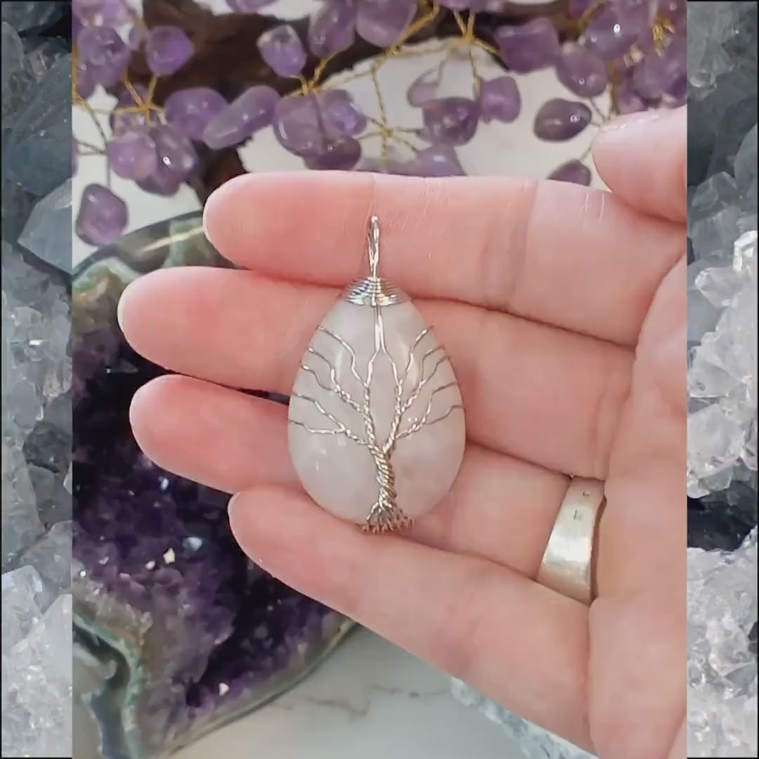 Pendentif Quartz rose, Pendentif arbre de vie, Collier quartz rose, Pendentif goutte en pierre naturelle, Bijoux pierre rose