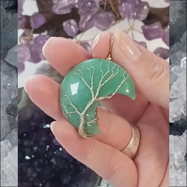 Pendentif Aventurine verte, Pendentif en forme de lune, Pendentif arbre de vie, Pierre naturelle