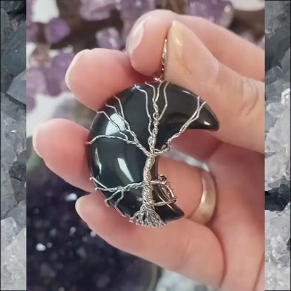 Pendentif onyx noir, Pendentif en forme de lune, Pendentif arbre de vie, Pierre naturelle