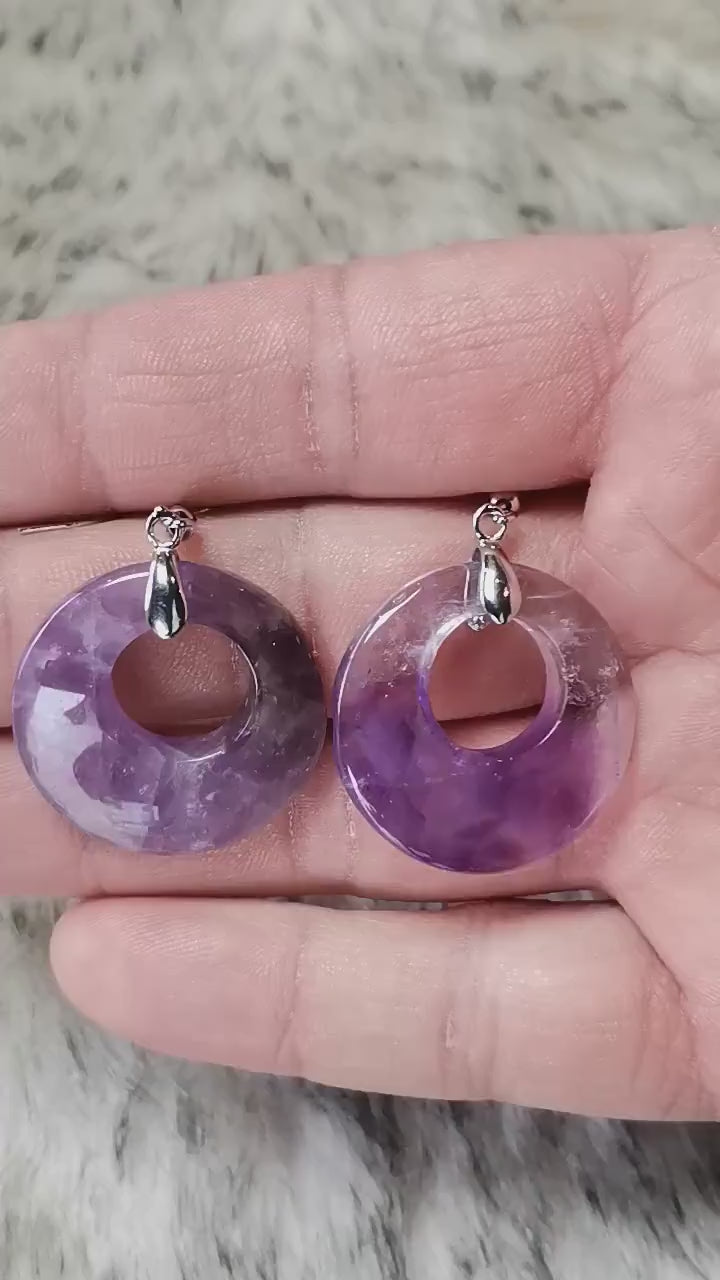 Boucles d'oreilles améthyste ronde | Boucles d'oreilles en quartz violet | Boucles d'oreilles pendante ronde | Bijoux en pierre naturelle