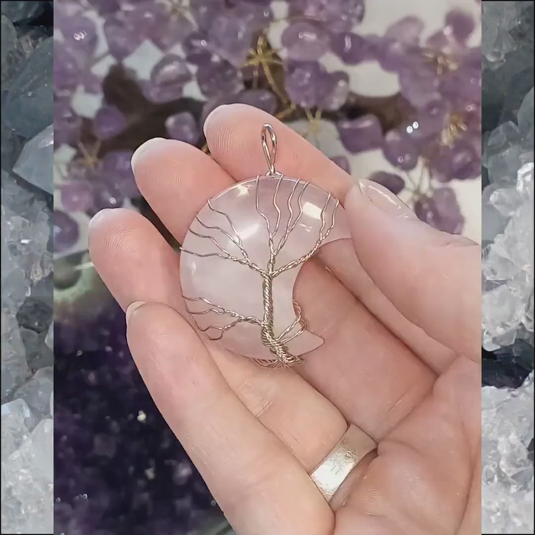 Pendentif Quartz rose, Pendentif en forme de lune, Pendentif arbre de vie, Pierre naturelle