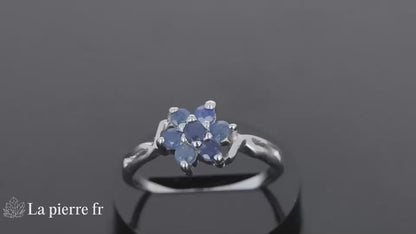 Bague en pierre de Saphir Bleu facettée &quot;Astréale&quot; - Bijoux lithothérapie en argent rhodié pour femme