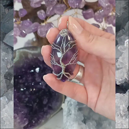 Pendentif Améthyste, Pendentif arbre de vie, Collier améthyste, Pendentif ovale en pierre naturelle, Bijoux en pierre violette