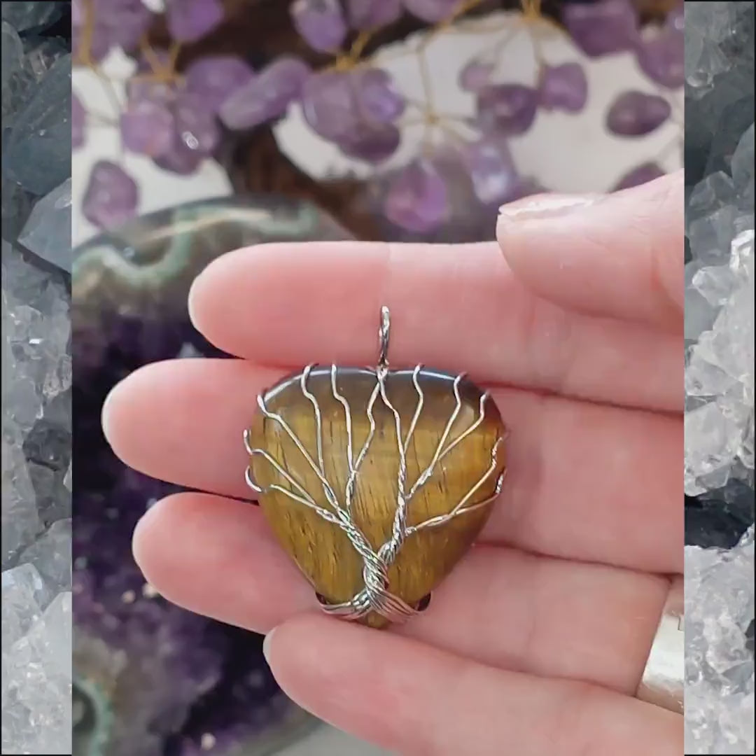 Pendentif Oeil de Tigre, Pendentif arbre de vie, Collier œil de tigre, Pendentif cœur en pierre naturelle, Bijoux pierre naturelle