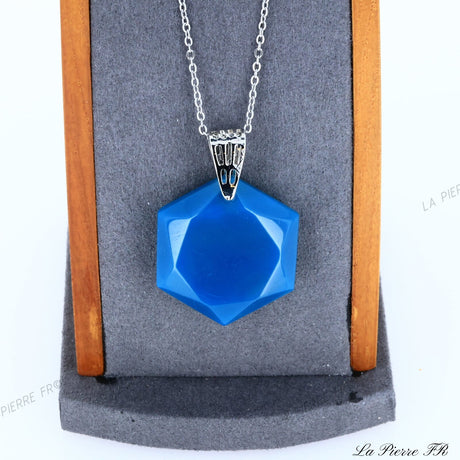 Pendentif Agate bleue facetté hexagonale | Pendentif Sceau de Salomon | Pendentif pierre bleue