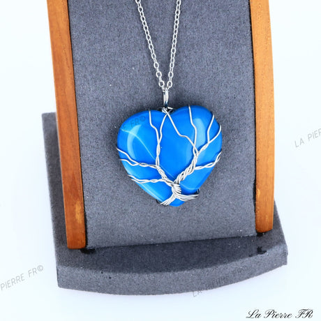 Pendentif Agate bleue, Pendentif arbre de vie, Collier agate bleue, Pendentif cœur en pierre naturelle, Bijoux pierre naturelle