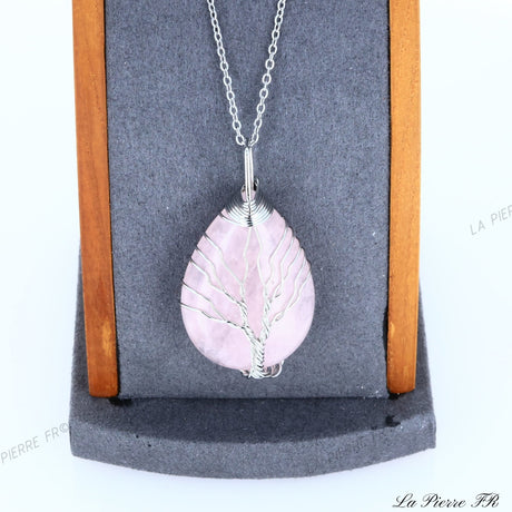 Pendentif Quartz rose, Pendentif arbre de vie, Collier quartz rose, Pendentif goutte en pierre naturelle, Bijoux pierre rose
