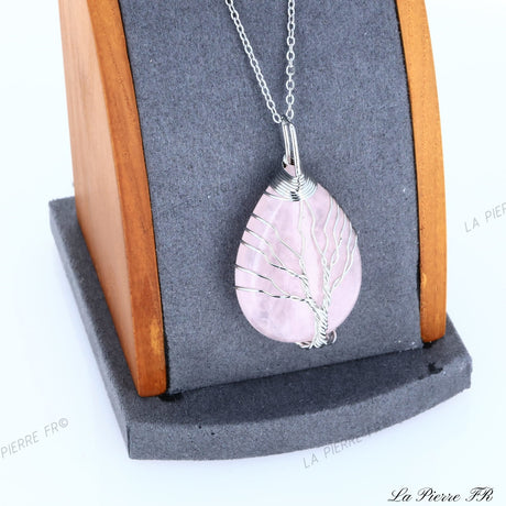 Pendentif Quartz rose, Pendentif arbre de vie, Collier quartz rose, Pendentif goutte en pierre naturelle, Bijoux pierre rose