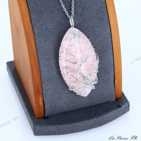 Pendentif Quartz rose, Pendentif arbre de vie, Collier quartz rose, Pendentif ovale en pierre naturelle, Bijoux en pierre rose
